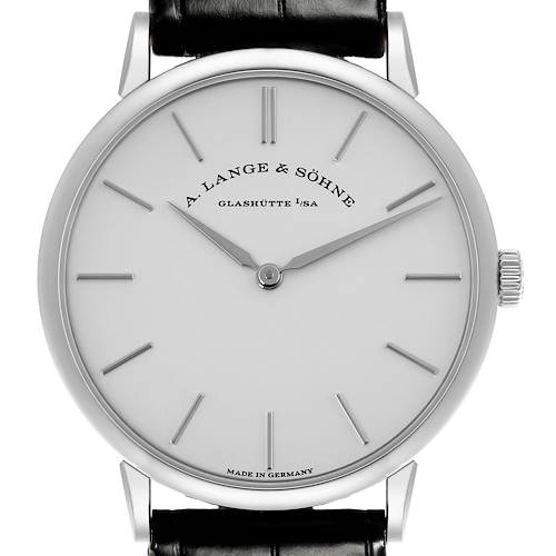 The A. Lange & Sohne Saxonia 201.027/LSLS2013AM Men's White Gold Silver Dial watch is shown from a front angle, highlighting the dial, hands, case, and part of the strap.