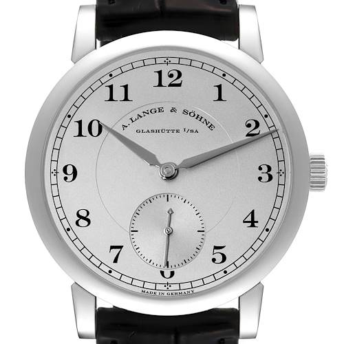 The image shows a frontal view of the A. Lange & Sohne 1815 233.025 Men's Platinum Silver Dial model watch, highlighting the dial, hands, and part of the leather strap.