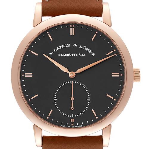 This image shows a front-facing view of the A. Lange & Sohne Saxonia 307.033 Men's Rose Gold Grey Dial watch, detailing its black dial, rose gold case, and leather strap.