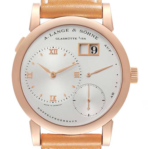 The Lange 1 by A. Lange & Söhne is shown from the front, displaying the dial, subdials, date window, and leather strap.