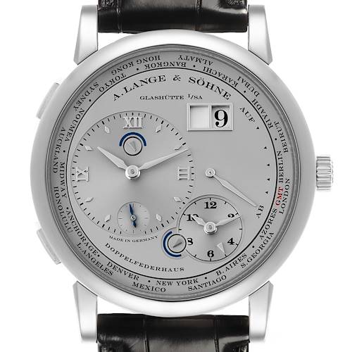 The A. Lange & Sohne Lange 1 116.025 Men's Platinum Silver Dial watch is shown from a front angle, displaying the dial, hands, subdials, and date window.