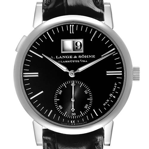 The Glashütte Original watch is shown from a front angle, highlighting the dial, hands, subdial, and crown.