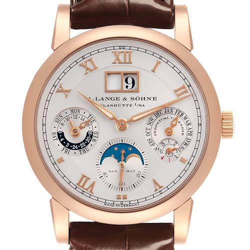 The Richard Lange by A. Lange & Söhne is shown front-facing, highlighting its dial, subdials, and moon phase.