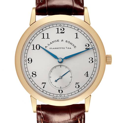 The A. Lange & Sohne 1815 206.021 Men's Yellow Gold Silver Dial watch is shown from a front angle, displaying the dial, hands, and crown with a leather strap.