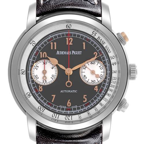 The Audemars Piguet Jules 26558TI.OO.D080VE.01 Men's Titanium Grey Dial 26558TI.OO.D080VE.01 Men's Titanium Grey Dial model watch is shown from the front, highlighting the dial, hands, subdials, and bezel.