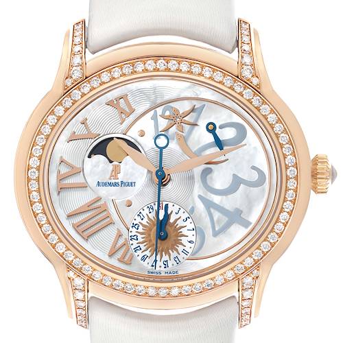 The Audemars Piguet Millenary 77315OR Women's Rose Gold Mother of Pearl Dial is shown front-facing, highlighting the dial, case, and strap with diamonds on the bezel and lugs.