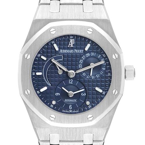 The image shows a front view of an Audemars Piguet Royal Oak 25730ST Men's Stainless Steel Blue Dial watch, highlighting its blue dial, markers, and date subdials.