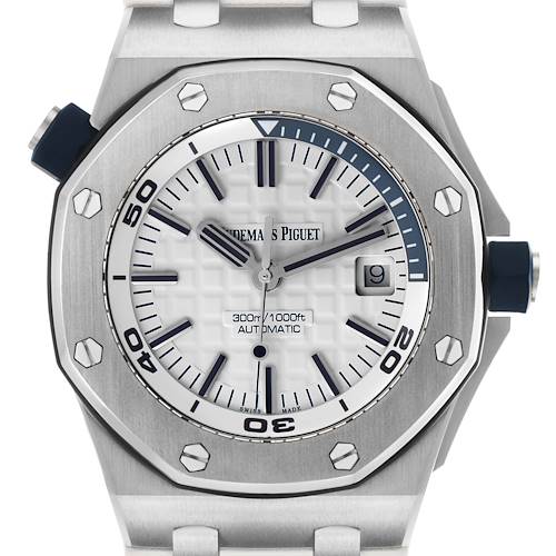 The Audemars Piguet Royal Oak Offshore 15710ST.00.A002CA.02 Men's Stainless Steel White Dial watch is shown from a front angle, highlighting the dial, bezel, and crown.