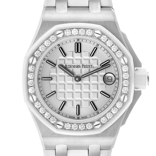 The image shows a front view of an Audemars Piguet Royal Oak Offshore 67540SK.ZZ.A010CA.01 Women's Stainless Steel Silver Dial, highlighting the bezel, dial, and bracelet.