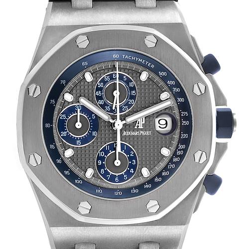 The Audemars Piguet Royal Oak Offshore 25721TI.OO.10000TI.301 Men's Titanium Grey Dial 25721TI.OO.10000TI.301 Men's Titanium Grey Dial watch is shown from the front, highlighting the octagonal bezel, chronograph sub-dials, and date window.