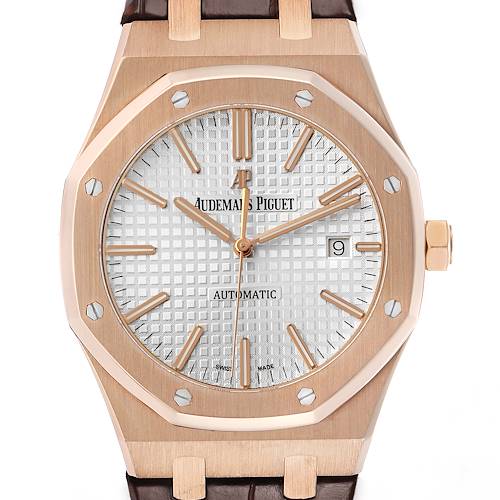The image shows a frontal view of the Audemars Piguet Royal Oak 15400OR Men's Rose Gold Silver Dial watch highlighting the dial, bezel, and part of the leather strap.