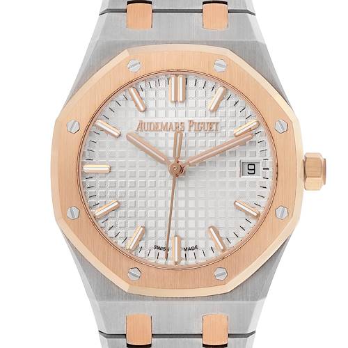 The Audemars Piguet Royal Oak 77350SR.OO.1261SR.01 Men's Steel and Gold (two tone) Silver Dial watch is shown from a front angle, highlighting the octagonal bezel, dial, hands, and date window.