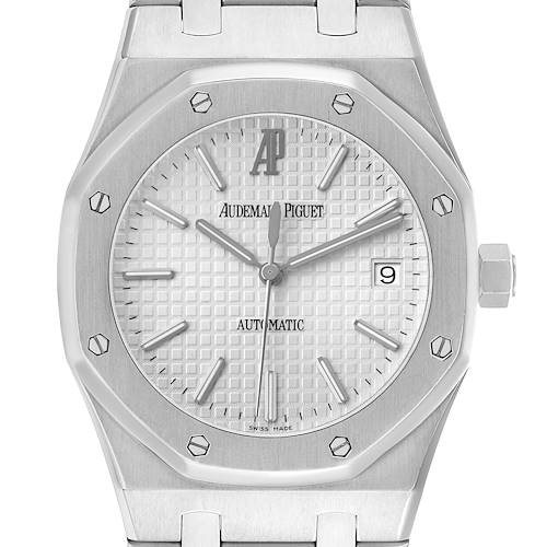 The image shows a front view of the Audemars Piguet Royal Oak 15300ST Men's Stainless Steel White Dial watch, highlighting its face, bezel, and part of the bracelet.