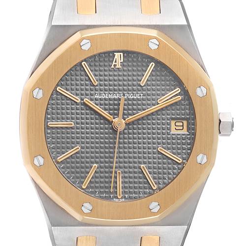 The image shows a front view of an Audemars Piguet Royal Oak 6023SA Men's Steel and Gold (two tone) Grey Dial, featuring the dial, bezel, and part of the bracelet.