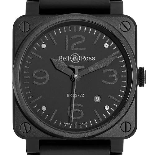 The Bell & Ross Instruments BR03-92-S Men's Stainless Steel Black Dial BR03-92-S Men's Stainless Steel Black Dial model is shown from a front angle, highlighting the dial, hands, and bezel details.