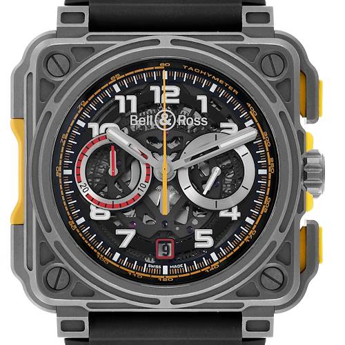 The Bell & Ross Instruments BR-X1 R.S.18 Men's Titanium Transparent Dial BR-X1 R.S.18 Men's Titanium Transparent Dial model is shown from the front, highlighting the dial, chronograph, and tachymeter details.