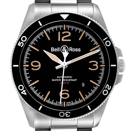 This image shows a front view of the Bell & Ross Heritage BRV292-HER-ST/SST Men's Stainless Steel Black Dial BRV292-HER-ST/SST Men's Stainless Steel Black Dial model watch, highlighting its face, bezel, hands, and part of the bracelet.