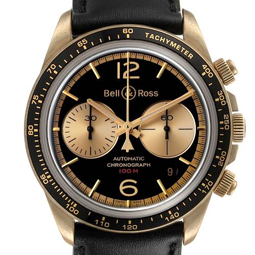 The image shows a front view of a Bell & Ross Chronograph watch, highlighting the dial, bezel, and side pushers.