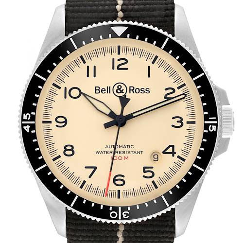 This image shows a front view of the Bell & Ross Heritage BRV2-92-S-03618 Men's Stainless Steel Beige Dial BRV2-92-S-03618 Men's Stainless Steel Beige Dial model watch, featuring its face, bezel, hands, and part of the strap.