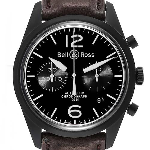 The image shows a close-up front view of the Bell & Ross Heritage BRV126-94-SC Men's Stainless Steel Black Dial BRV126-94-SC Men's Stainless Steel Black Dial model watch, highlighting its black dial and chronograph features.