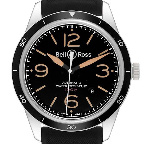 The image features a front view of a Bell & Ross Heritage BR 123-92-SP Men's Stainless Steel Black Dial BR 123-92-SP Men's Stainless Steel Black Dial model watch, showcasing the dial, hands, and bezel.