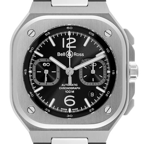 The Bell & Ross Urban BR05C-BLC-ST/SST Men's Stainless Steel Black Dial BR05C-BLC-ST/SST Men's Stainless Steel Black Dial model is shown from the front, highlighting its dial, crown, and chronograph subdials.