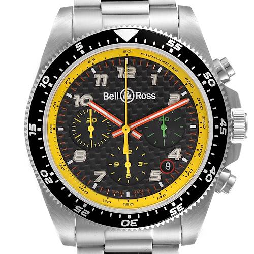 The image shows a front view of the Bell & Ross Vintage BRV394-RS19/SCA Men's Stainless Steel Black Dial BRV394-RS19/SCA Men's Stainless Steel Black Dial watch featuring its dial, bezel, and part of the bracelet.