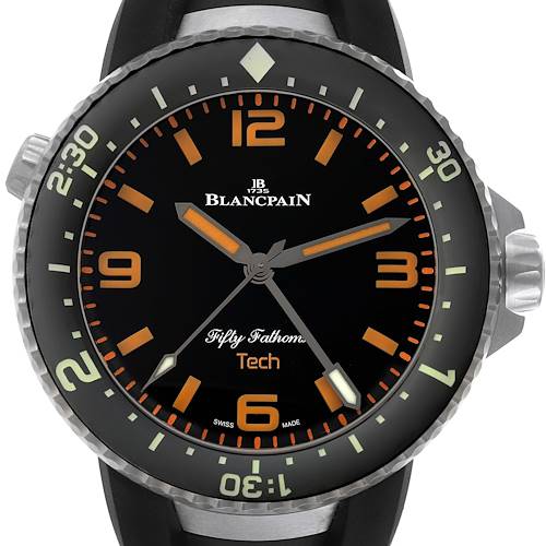 This is a front view of the Blancpain Fifty Fathoms 5019-12B30-64A Men's Titanium Black Dial 5019-12B30-64A Men's Titanium Black Dial Tech watch, showing the dial, bezel, and crown.