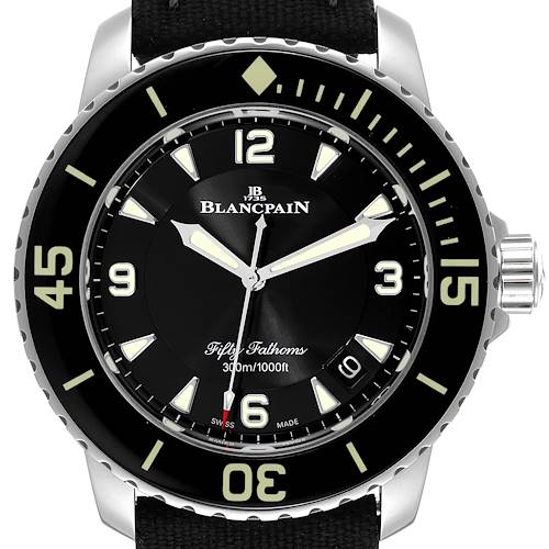 The image shows a front view of the Blancpain Fifty Fathoms 5015-1130-52A Men's Stainless Steel Black Dial 5015-1130-52A Men's Stainless Steel Black Dial watch displaying the dial, bezel, and part of the strap.