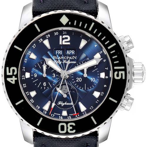 The image shows a close-up, front-facing view of a Blancpain Fifty Fathoms 5066F-1140-52B Men's Stainless Steel Blue Dial 5066F-1140-52B Men's Stainless Steel Blue Dial watch, highlighting the bezel, dial, and crown.