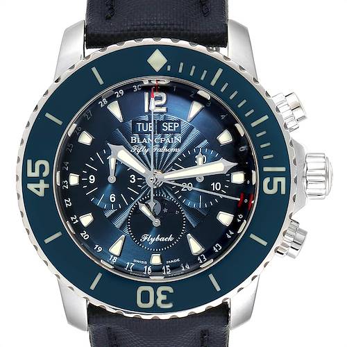 The image shows a frontal view of a Blancpain Fifty Fathoms 5066F-1140-52B Men's Stainless Steel Blue Dial 5066F-1140-52B Men's Stainless Steel Blue Dial watch displaying the face, bezel, and strap attachment points.