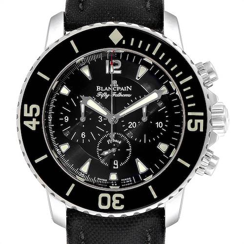 This image shows a front view of a Blancpain Fifty Fathoms 5085F-1130-52 Men's Stainless Steel Black Dial 5085F-1130-52 Men's Stainless Steel Black Dial watch, highlighting its dial, bezel, and chronograph subdials.