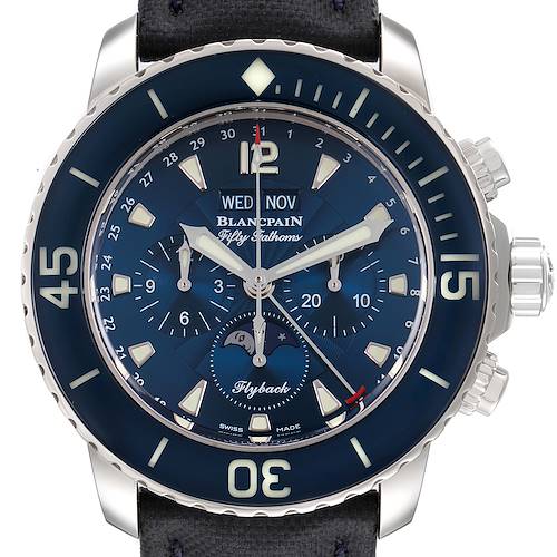 This image shows a frontal view of the Blancpain Fifty Fathoms 5066F-1140-52B Men's Stainless Steel Blue Dial 5066F-1140-52B Men's Stainless Steel Blue Dial watch, displaying the dial, bezel, and straps.