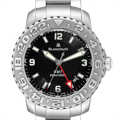 The image shows a front view of the Blancpain Fifty Fathoms 2250-1130-71 Men's Stainless Steel Black Dial 2250-1130-71 Men's Stainless Steel Black Dial GMT watch, highlighting its dial and bezel.