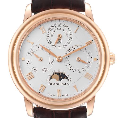 The image shows a frontal view of the Blancpain Villeret 6057-3642-55 Men's Rose Gold Silver Dial 6057-3642-55 Men's Rose Gold Silver Dial watch, highlighting its dial with multiple subdials and a moon phase display.