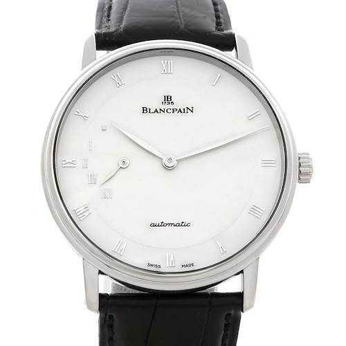 The image shows a front view of the Blancpain Villeret 4040-1542-55 Men's White Gold Silver Dial 4040-1542-55 Men's White Gold Silver Dial watch, featuring its face, crown, and a black leather strap.