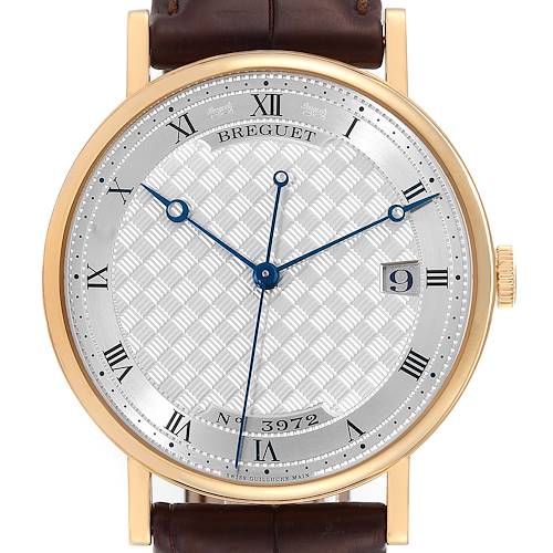 The image shows a front view of the Breguet Classique 5177BA/12/9V6 Men's Yellow Gold Silver Dial 5177BA/12/9V6 Men's Yellow Gold Silver Dial watch, displaying the dial, hands, date window, and part of the leather strap.