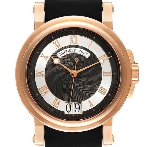 This is a front-view image of the Breguet Marine 5817BR/Z2/5V8 Men's Rose Gold Black Dial 5817BR/Z2/5V8 Men's Rose Gold Black Dial 2557 watch, showcasing the dial, bezel, and straps.