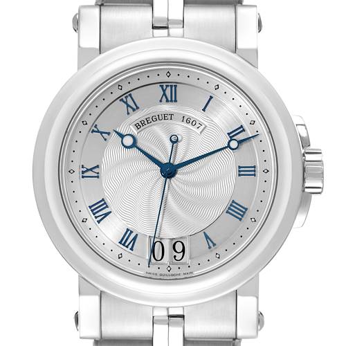 The Breguet Marine 5817ST/12/SM0 Men's Stainless Steel Silver Dial 5817ST/12/SM0 Men's Stainless Steel Silver Dial model watch is shown from the front, displaying its dial, hands, Roman numerals, and part of the bracelet.