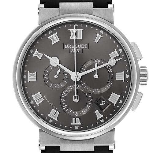 The Breguet Marine G5527I/G2/5WV Men's Titanium Grey Dial G5527I/G2/5WV Men's Titanium Grey Dial watch is shown from the front, displaying its dial, Roman numerals, subdials, and crown.