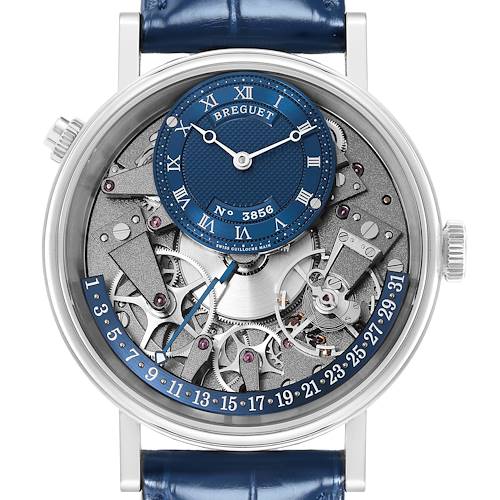The Breguet Tradition 7597BB/GY/9WU Men's White Gold Blue Dial 7597BB/GY/9WU Men's White Gold Blue Dial model is shown from the front, displaying its intricate dial, blue sub-dial, open movement, and a blue leather strap.