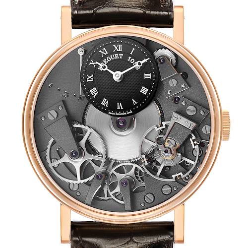 The Breguet Tradition 7027 Men's Rose Gold Grey Dial model is shown from a front angle, displaying its intricate mechanical movement and minimalistic dial.
