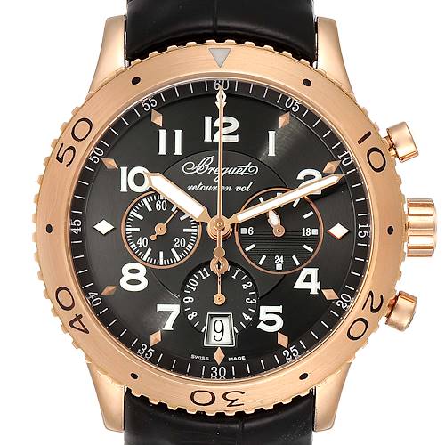 The image shows a front view of a Breguet Type XX - XXI - XXII 3810BR/92/9ZU Men's Rose Gold Grey Dial 3810BR/92/9ZU Men's Rose Gold Grey Dial watch, highlighting its dial, bezel, and strap.