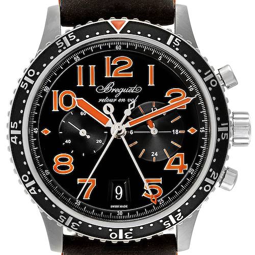 This image shows a front view of the Breguet Type XX - XXI - XXII 3815TI/HO/3ZU Men's Titanium Black Dial 3815TI/HO/3ZU Men's Titanium Black Dial watch, highlighting the dial, bezel, and chronograph sub-dials.