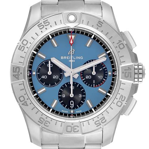 The Breitling Avenger AB0147 Men's Stainless Steel Blue Dial AB0147 Men's Stainless Steel Blue Dial watch is shown from a front angle, highlighting the bezel, dial, and chronograph subdials.