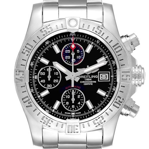 The Breitling Avenger A13381 Men's Stainless Steel Black Dial A13381 Men's Stainless Steel Black Dial watch is shown from a front angle, highlighting the face, bezel, crown, and chronograph dials.