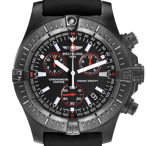 The Breitling Avenger model M73390 is shown from a top view, highlighting its bezel, dial with subdials, and chronograph buttons.