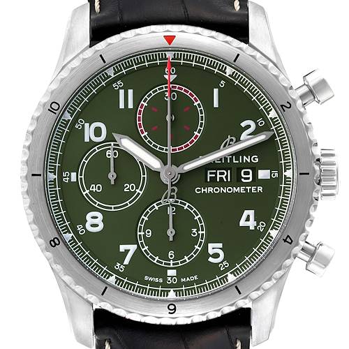 The image shows a frontal view of the Breitling Aviator A13316 Men's Stainless Steel Green Dial A13316 Men's Stainless Steel Green Dial watch with a green dial and multiple subdials.
