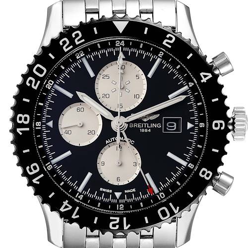The Breitling Chronoliner Y2431012/BE10 Men's Stainless Steel Black Dial Y2431012/BE10 Men's Stainless Steel Black Dial watch is shown from a front angle, highlighting its face, bezel, and steel bracelet.