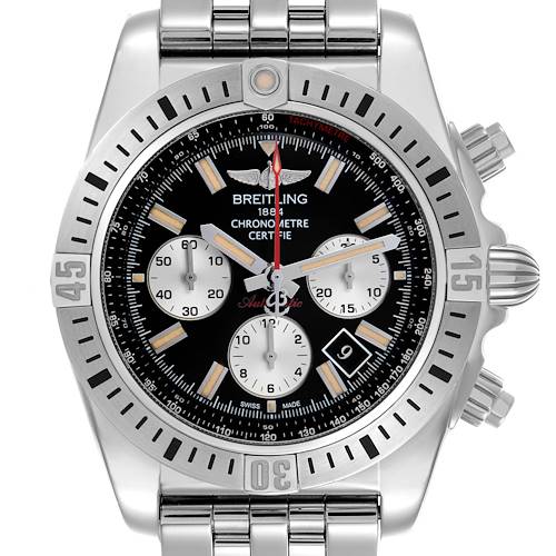 The Breitling Chronomat AB01154G/BD13 Men's Stainless Steel Black Dial watch is shown from the front, displaying the bezel, dial, subdials, and bracelet.